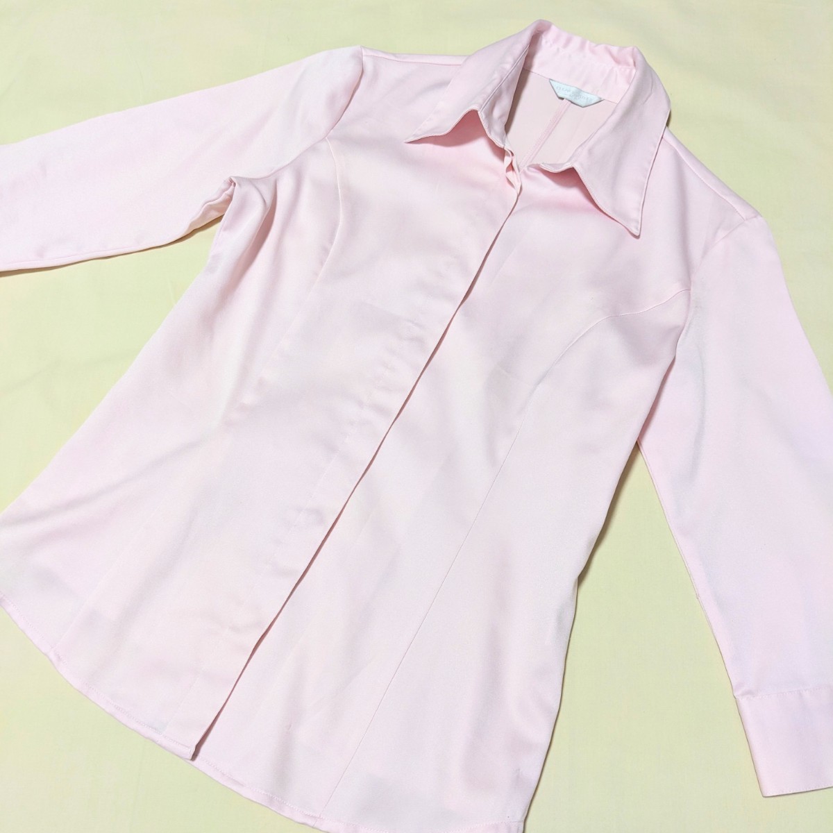 +FY99 translation have CLEAR WEATHER formal lady's M 7 minute sleeve shirt blouse pink plain . collar business ceremony 