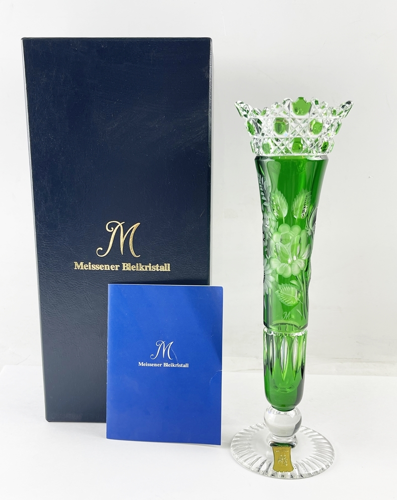 新品 極美品 Meissen マイセン クリスタル ミスティックフラワー 色被せ グラヴィールカット フラワーベース 花瓶 MEISSENER BLEIKRISTALL