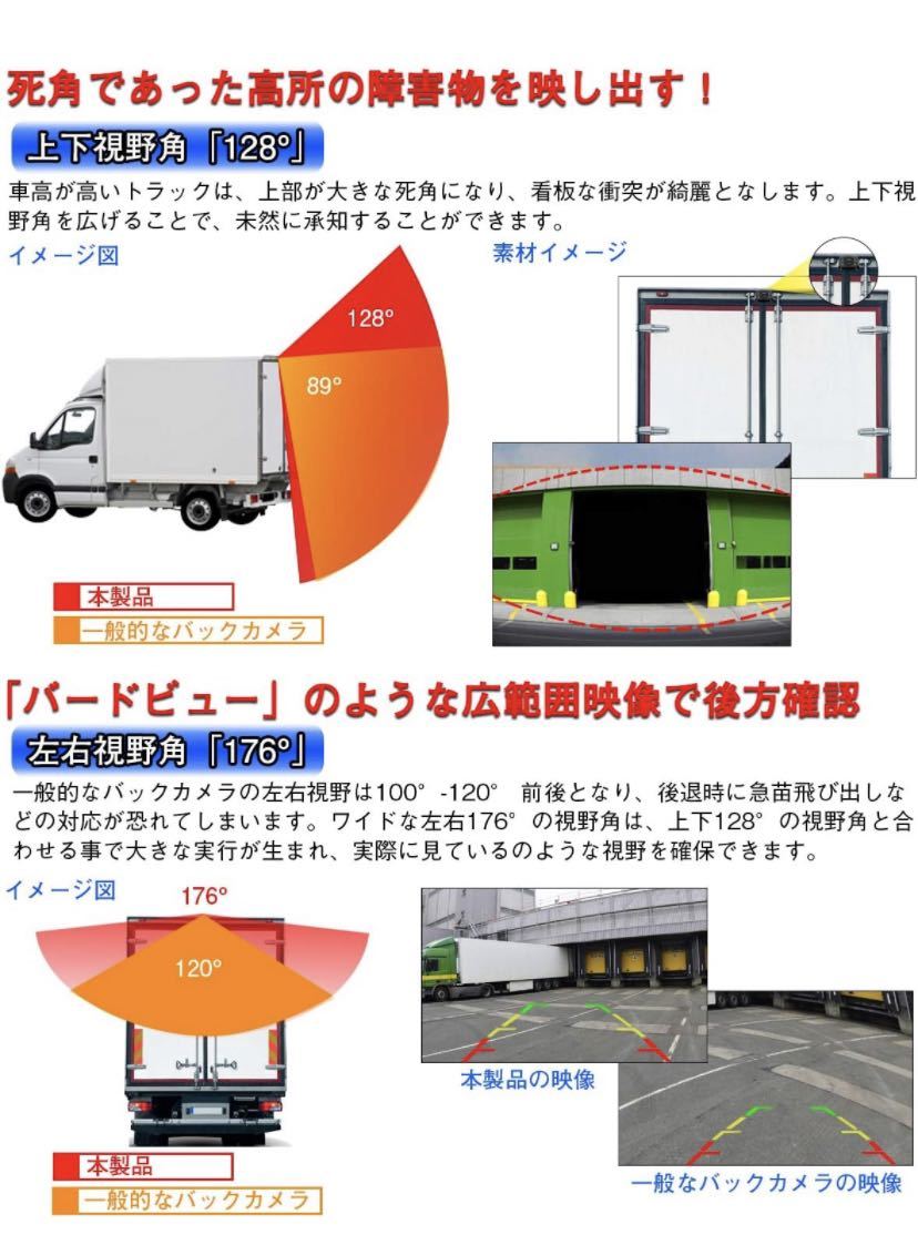 バックカメラ 超広角実現 100万画素 リアビューカメラトラック 重機 乗用車対応12V 24V対応 防水/防塵IP69K 角度調整可能 取付簡単 4P専用_画像3