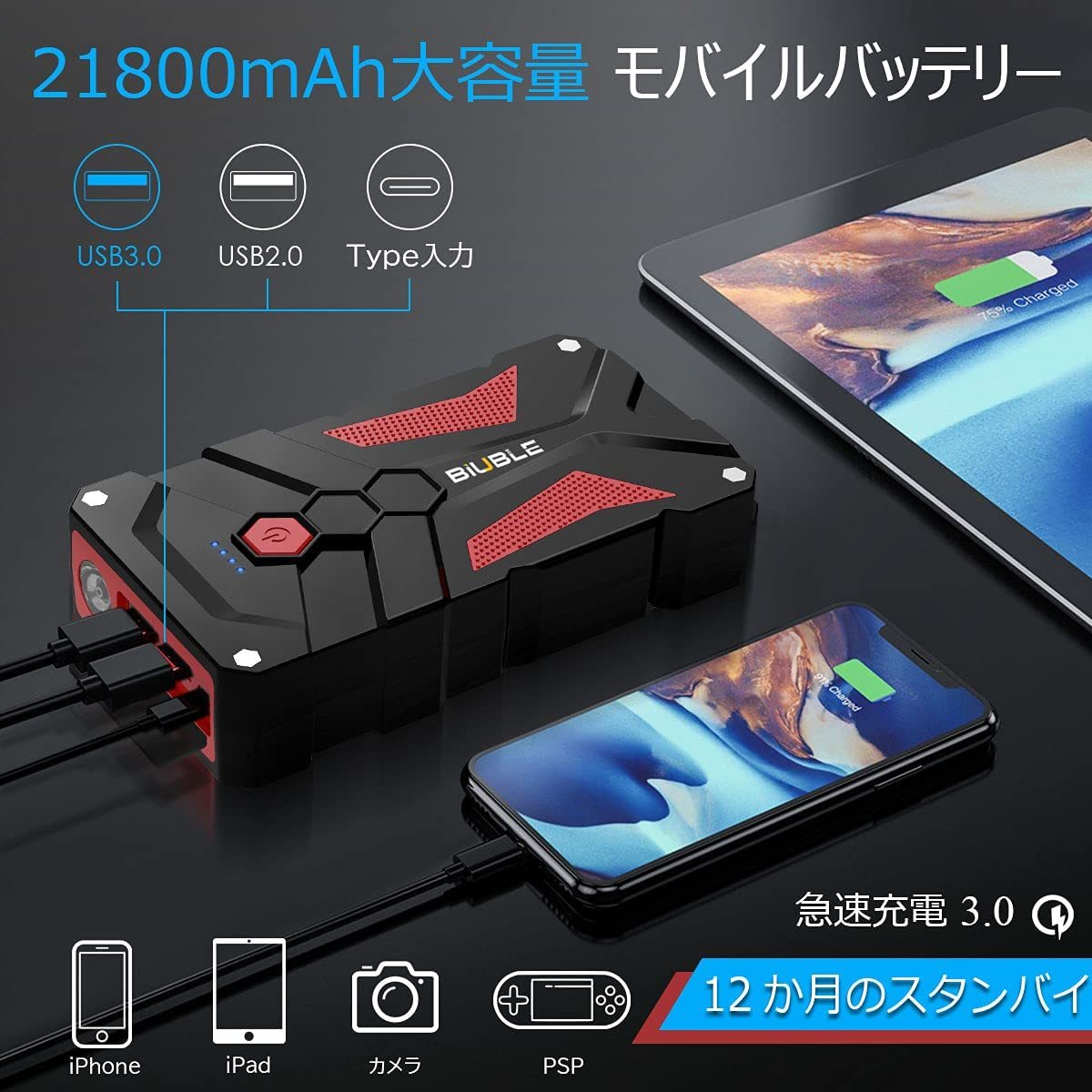 【新品】BIUBLE ジャンプスターター 21800mAh 2000Aピーク電流 12V 車用エンジンスターター モバイルバッテリー 日本語取説付き_画像7