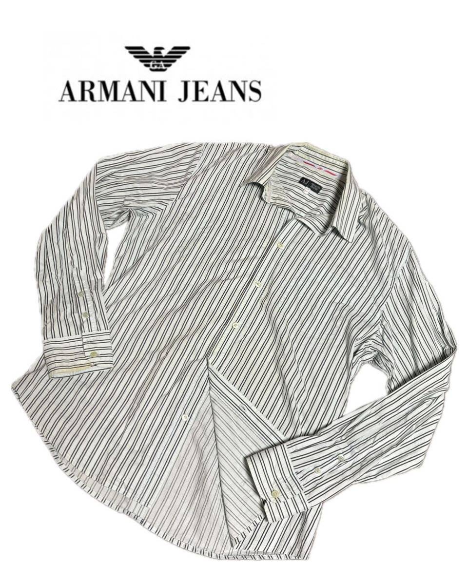 【ARMANI JEANS】長袖シャツ ストライプシャツ アルマーニジーンズ メンズ L XL 水色_画像1