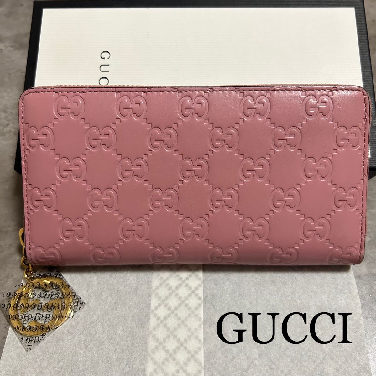 美品 GUCCI グッチ 長財布 グッチシマ レザー ピンク ゴールド金具-