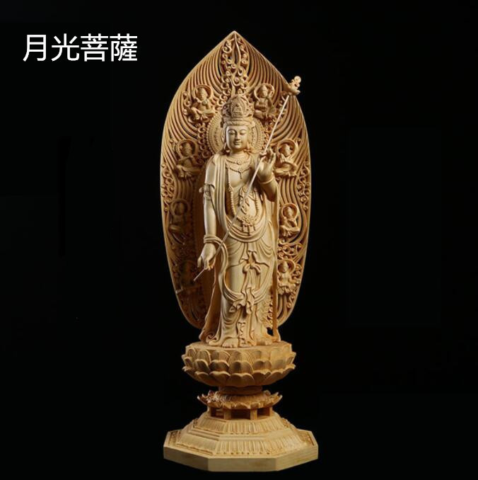 総檜材　仏教工芸品　木彫仏教　精密彫刻　極上品　仏師で仕上げ品　月光観音菩薩立像 高43.0cm_画像1
