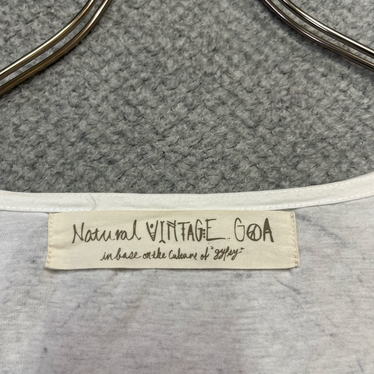 100円スタート♪ （9）natural vintage GOA　ゴア　長袖Tシャツ　薄手　サイズS　コットン　プリント　エスニック　日本製　ホワイト　白_画像2