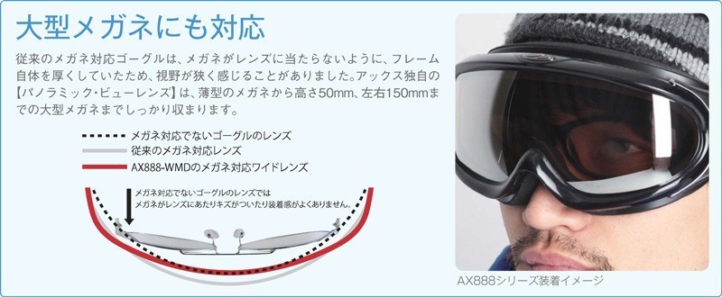 大型メガネ対応 ゴーグル パノラミック・ビューレンズAXE アックス スノー AX888-WMD-BK_画像5