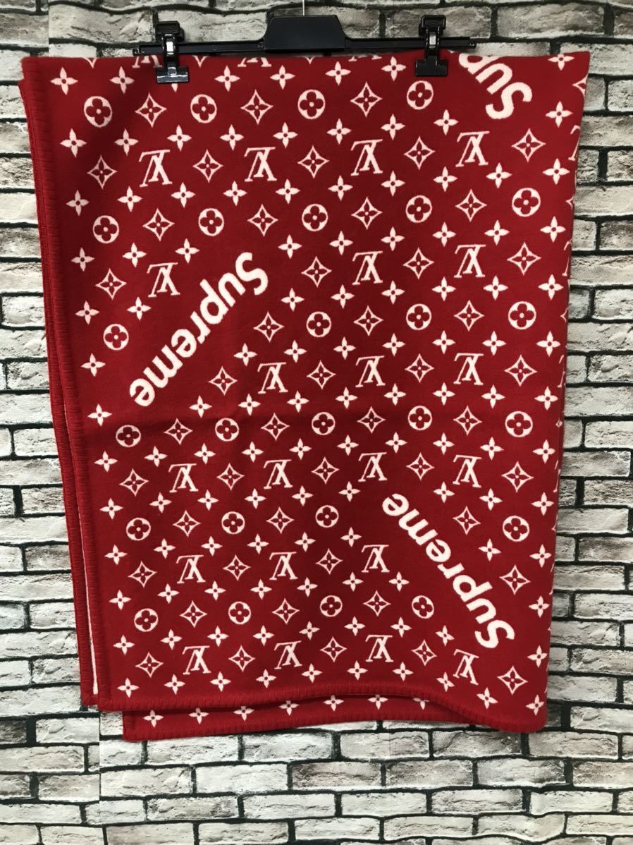 極美品★LOUIS VUITTON×SUPREME ルイヴィトン×シュプリーム★17AW MP1884 BLANKET エピレザーロゴパッチ大判ロゴモノグラムブランケット_画像2