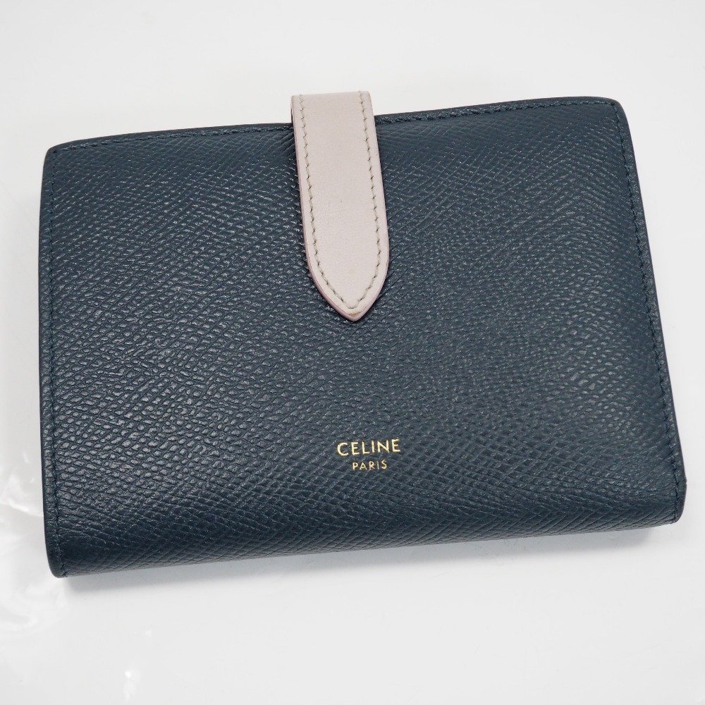 Th948652 セリーヌ ミディアム ストラップウォレット 本革 ネイビー系×グレー系 二つ折り財布 CELINE 中古_画像1