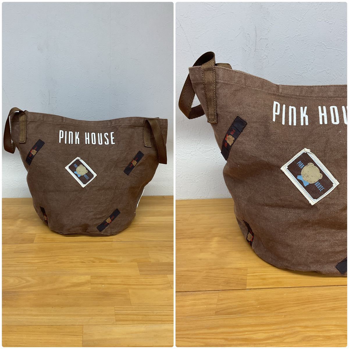 PINK HOUSE ピンクハウス ブランドロゴプリントくまさんワッペン付きバケツ型トートバッグ 大人かわいい手持ちカバン 鞄 ブラウン茶色系_画像1