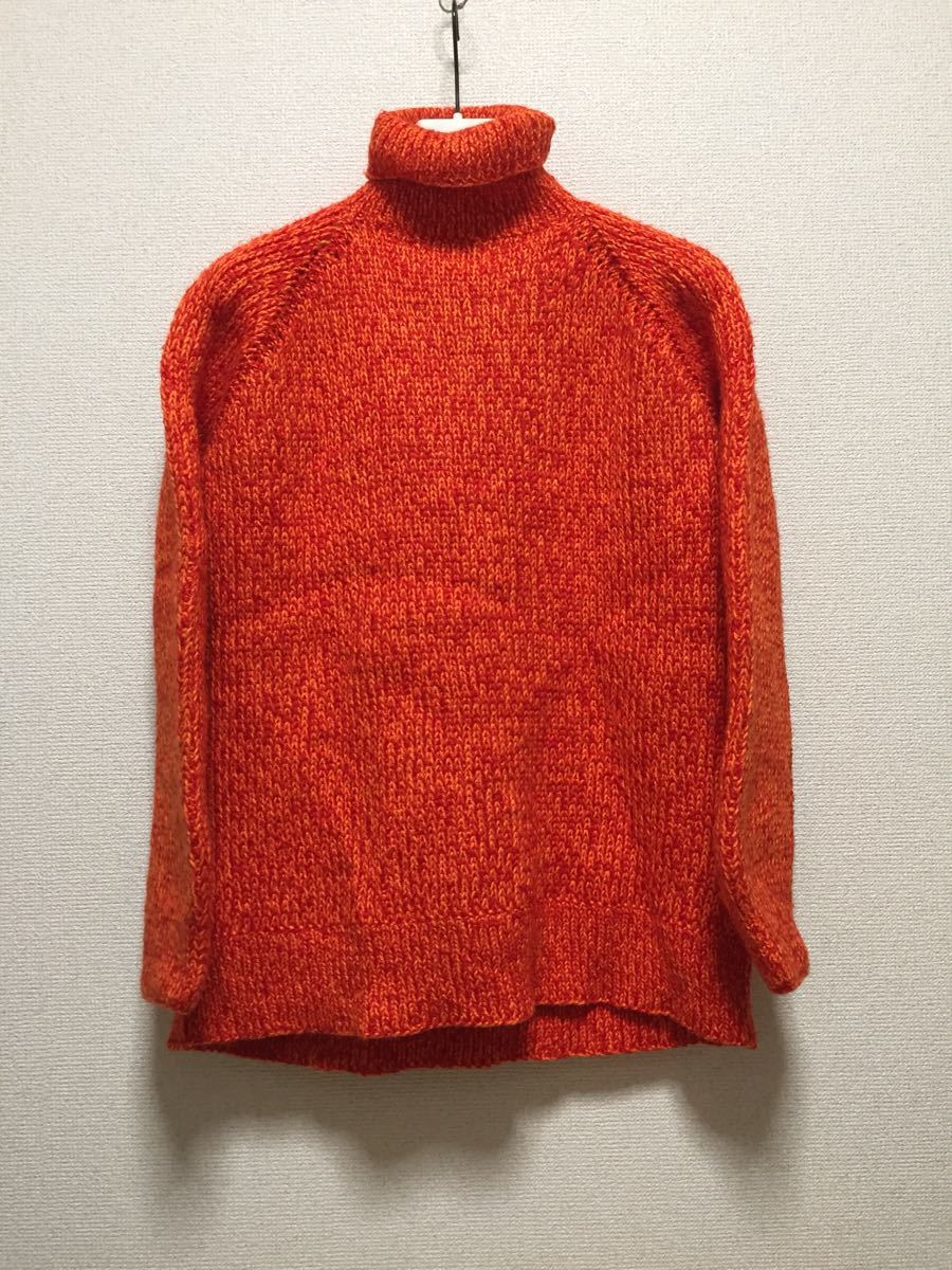 ヨーロッパ古着 ハンドニットセーター ヘビーニットセーター タートルニットセーター オレンジ(赤黄)