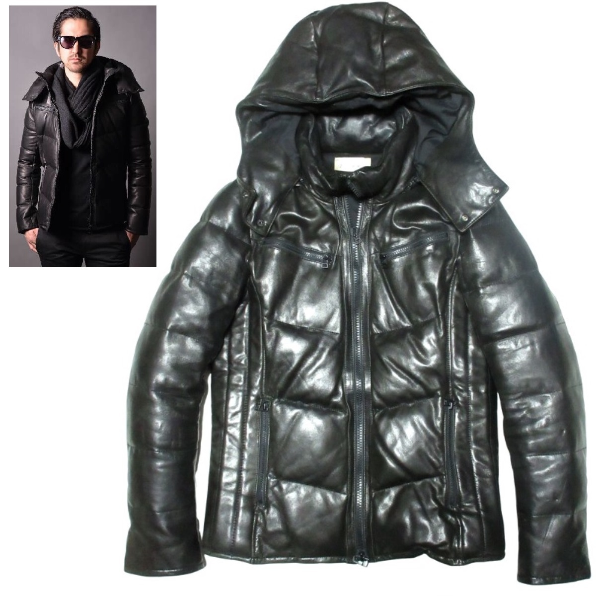 定価88,000円 AZ by junhashimoto 羊革 ブラックレザー ダウンジャケット LEATHER DOWN JACKET L-011 黒 ブルゾン_画像1