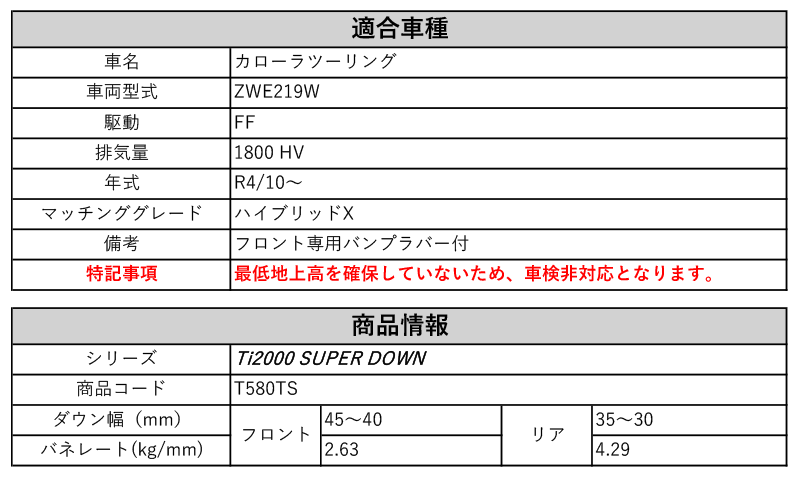 [RS-R_Ti2000 SUPER DOWN]ZWE219W カローラツーリング_ハイブリッドX(2WD_1800 HV_R4/10～)用競技専用ダウンサス[T580TS]_画像3