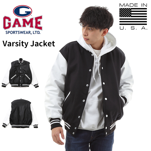 【サイズL】 Game Sportswear ゲームスポーツウェア スタジアムジャケットブラック×ホワイト Varsity Jacket アメリカ製 無地 スタジャン
