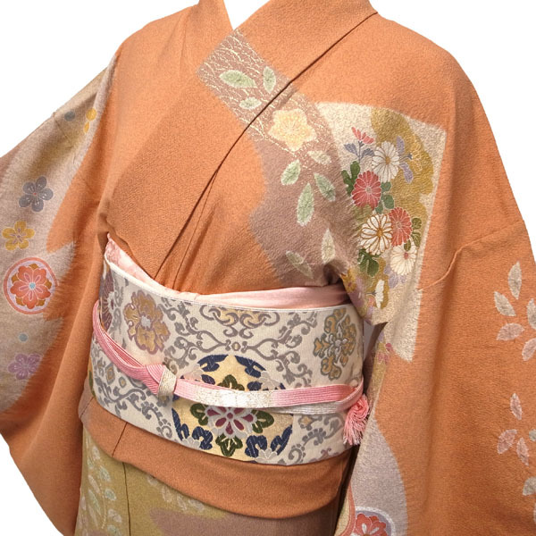 visit wear kimono . hand .... gold paint processing gold piece embroidery orange flowers of four seasons flower sickle . writing formal silk silk ....68 L used brand new sn892