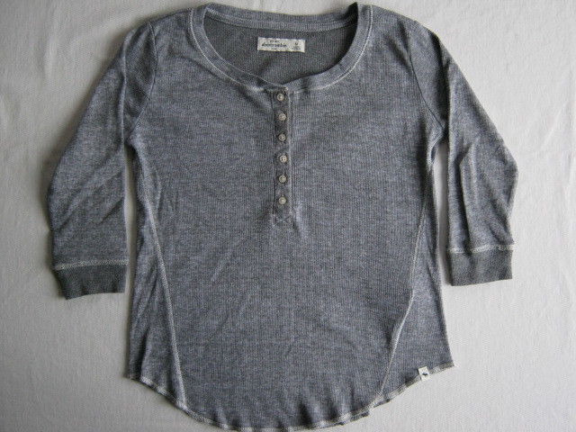 ★古着 abercrombie KIDS girls アバクロンビー キッズ 女の子 ヘンリーネック 七分袖 Tシャツ M グレー リブ生地 ストレッチ素材 子供服★_画像1