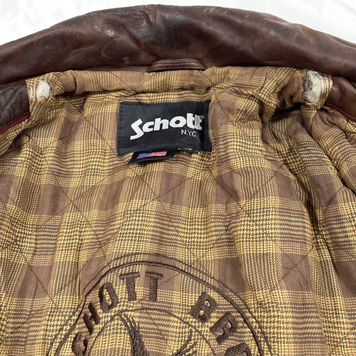 1円〜 Schott ショット レザージャケット 革ジャン ブラウン サイズM USA アメリカ製 古着 中綿 メンズ _画像8