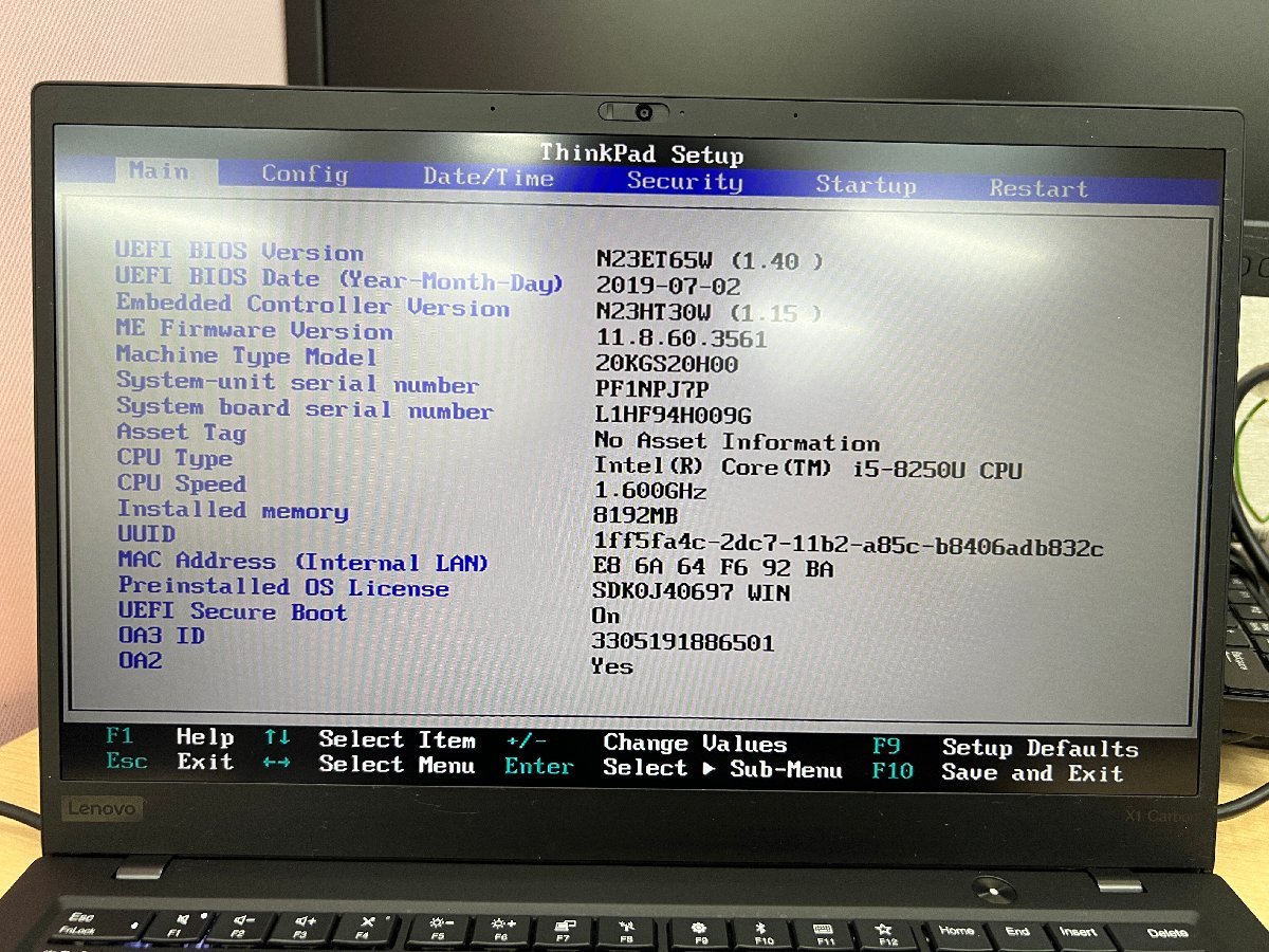 【UEFI起動確認済み／ジャンク】ThinkPad X1 Carbon [20KG-S20H00] (Core i5-8250U, RAM8GB, SSD無し) 本体のみ（AC無し）●二次電池類NG_画像4