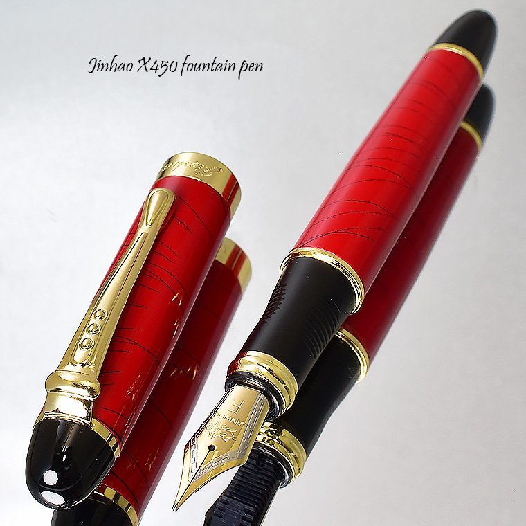 ◆●万年筆【JINHAO/金豪】X450 葉巻型 赤軸 ライン模様 黒線 太軸 両用式 大型 18KGP ペン先 Ｆ 細字 縞模様 1円～ 新品 /JH99F_画像3