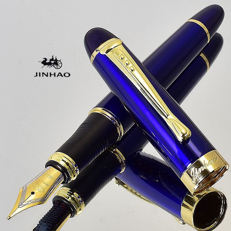 ◆●万年筆【JINHAO/金豪】X450 葉巻型 ブルーラッカーGT 太軸 艶 両用式 大型 18KGP ペン先 F 細字 1円～ 青色 新品 単品発送 /JH117S_今回の出品はF細字です