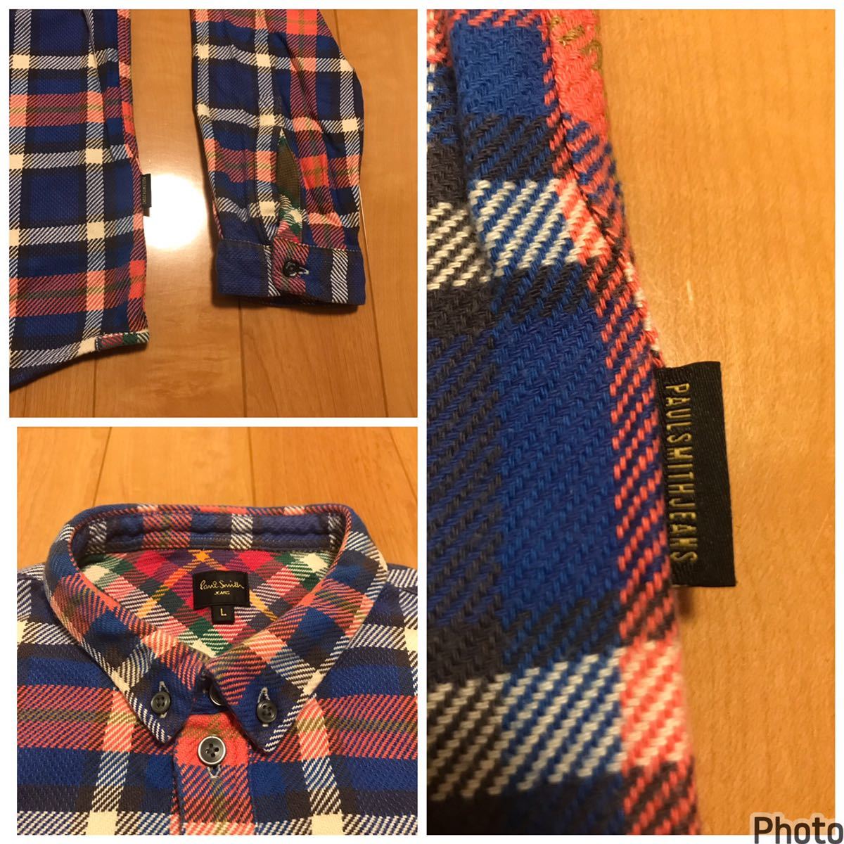 良品☆Paul Smith／ポールスミス ジーンズ・L ファイブラ風ヘヴィネル生地長袖BDシャツ ビンテージビエラチェック柄&ロゴタブ付&ショート襟_画像4