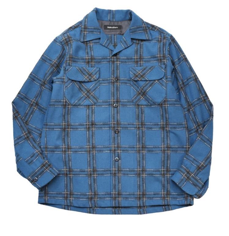 新品 送料無料 サイズ3 サブカルチャーSC ウール チェックシャツ ブルー 長袖 SUBCULTURE WOOL CHECK SHIRT