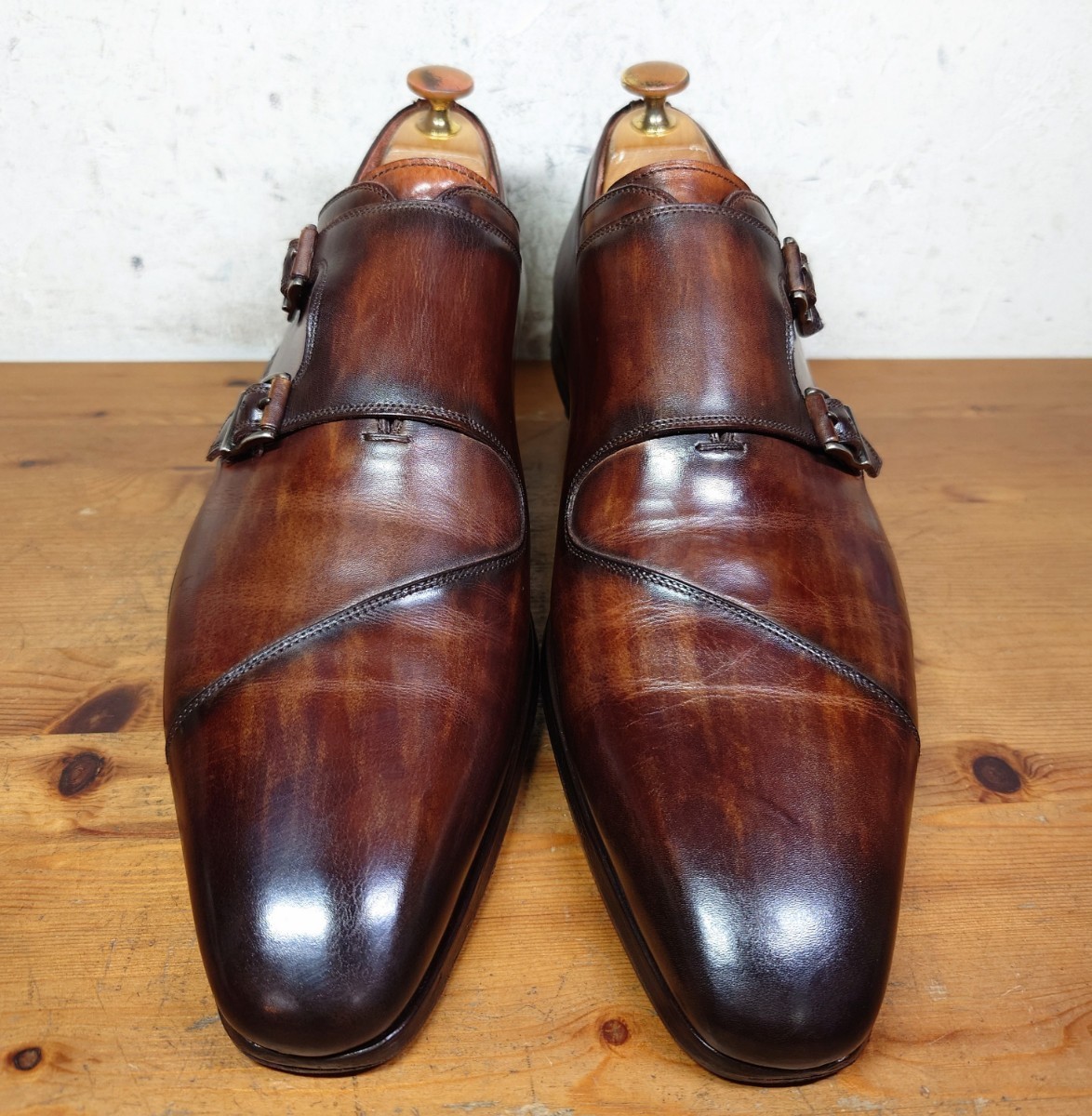 【良品】SPAIN製 MAGNANNI/マグナーニ オパンケ製法 パティーヌ ダブルモンクストラップ 41 26cm相応/santoni ブランキーニ_画像4