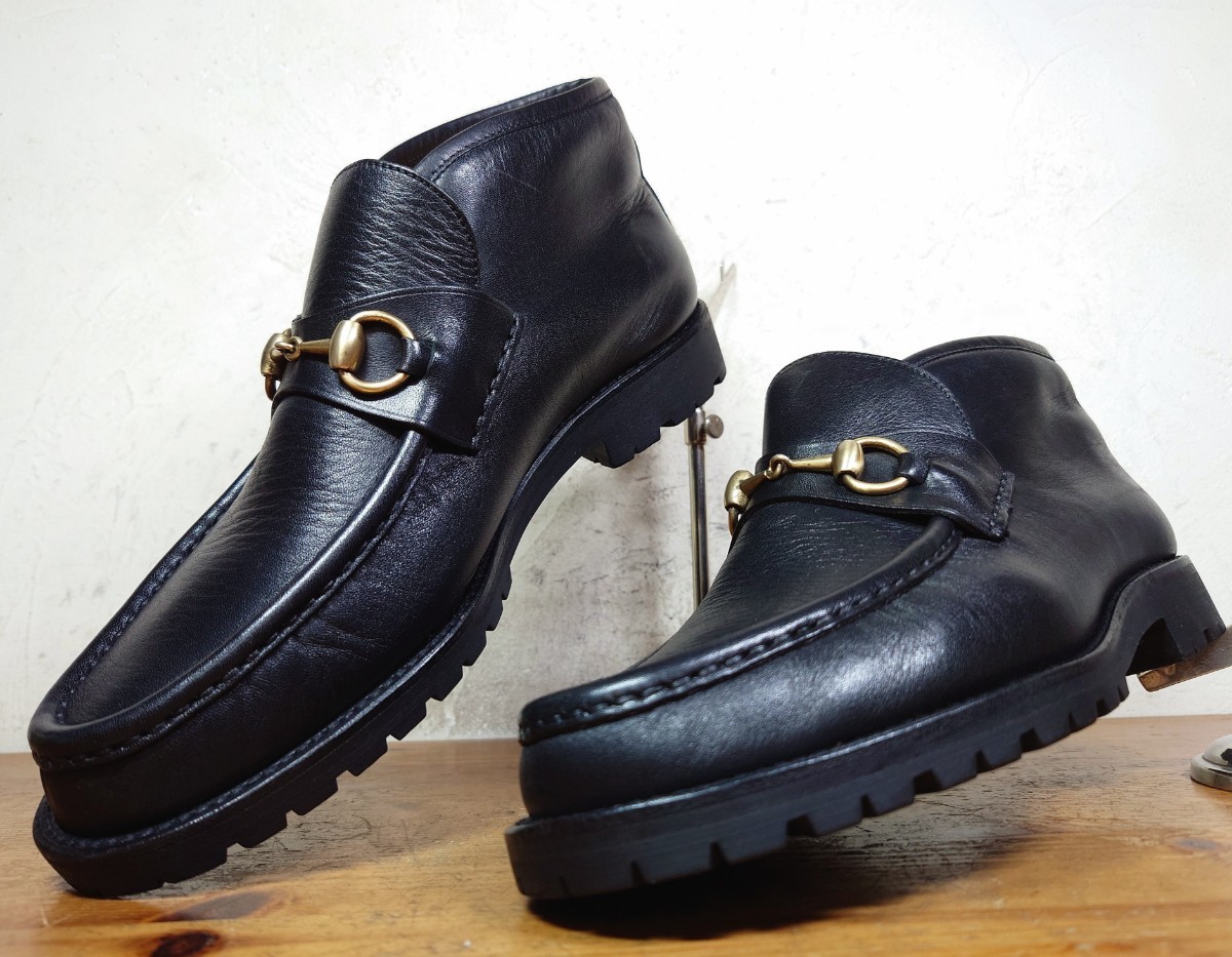 【美品】ITALY製 オールドグッチ/GUCCI ホースビット ブーツ Mens 41E 25.5cm相応 黒 ブラック/ローファー_画像1