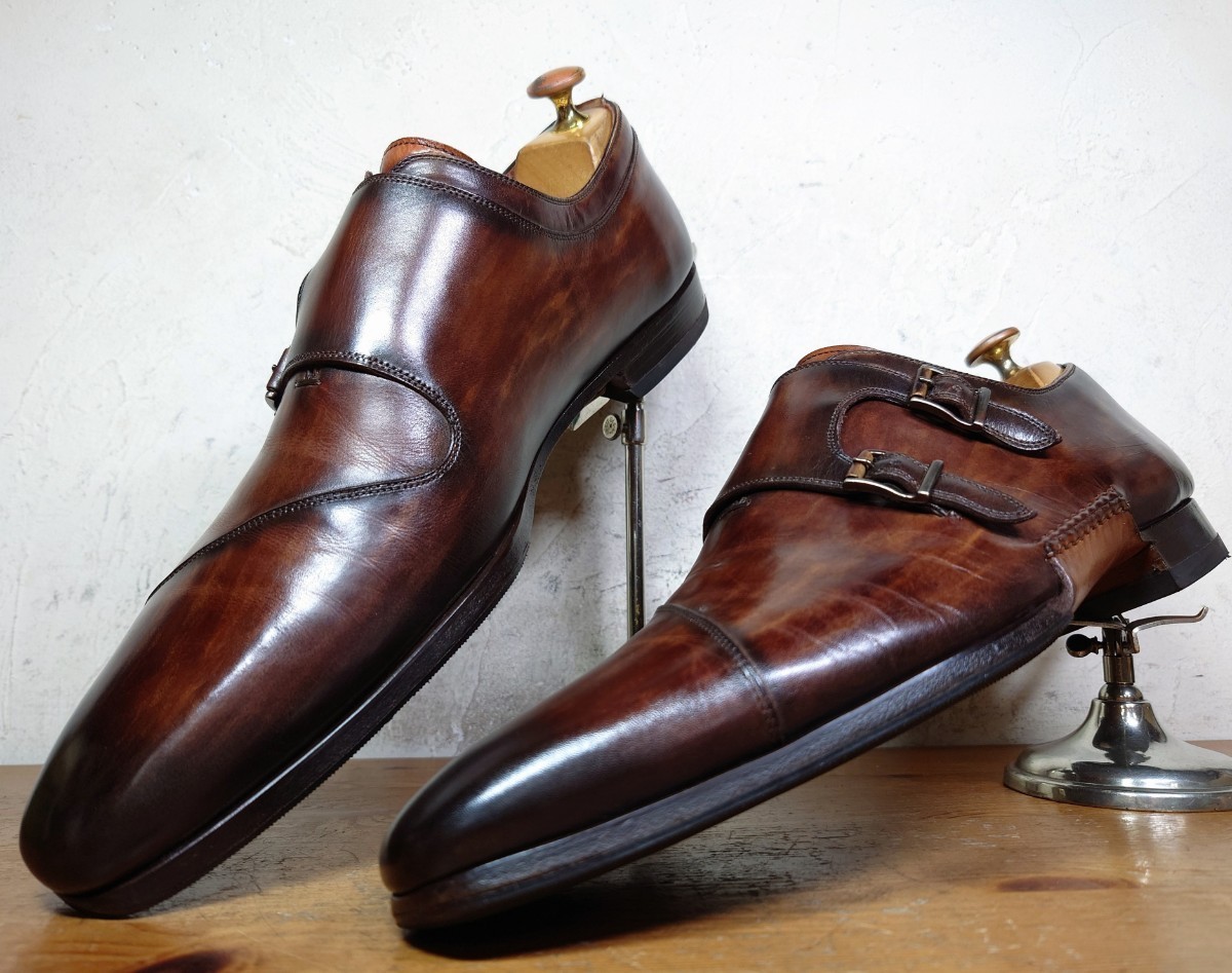 【良品】SPAIN製 MAGNANNI/マグナーニ オパンケ製法 パティーヌ ダブルモンクストラップ 41 26cm相応/santoni ブランキーニ_画像1