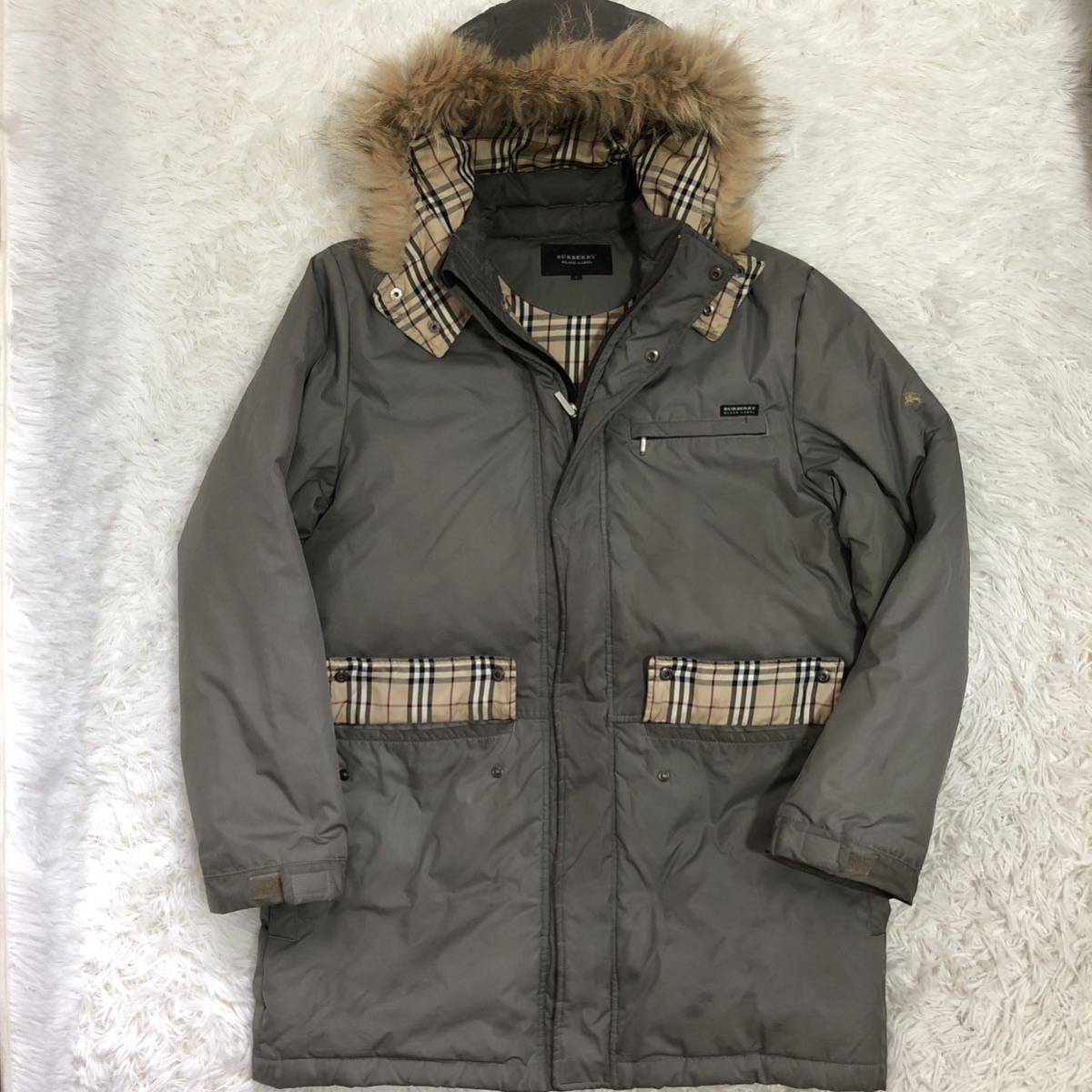 極美品/極暖 ●BURBERRY BLACK LABEL バーバリーブラックレーベル ダウンコート ジャケット ホワイトグース ラクーンファー ノバチェック L_画像2