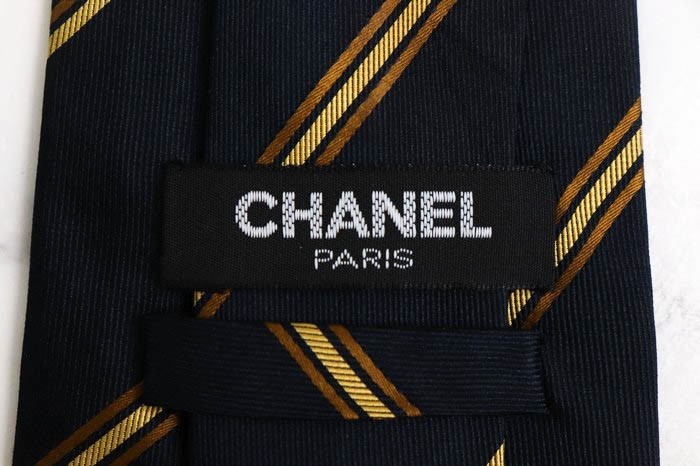 シャネル シルク ストライプ柄 伊製生地 高級 イタリア製 ブランド ネクタイ メンズ ネイビー CHANEL_画像4