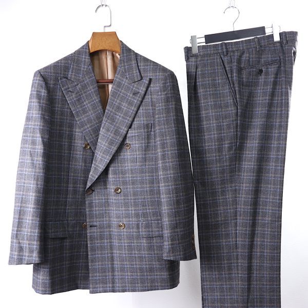 M3-YJ158【極美品】ブリオーニ Brioni イタリア製 最高級 ウール ダブル スーツ セットアップ グレー ブルー チェック 50 R メンズ