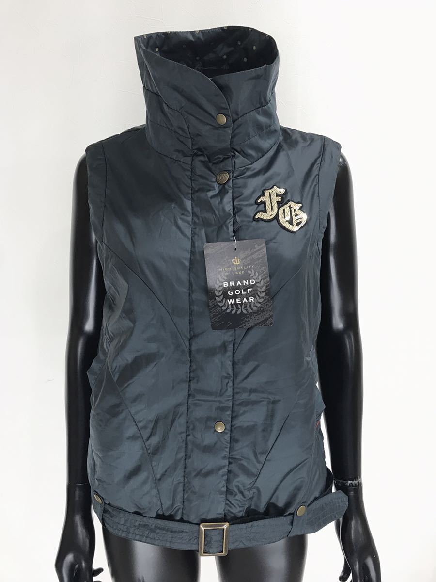 【USED】FILA フィラ ポリエステル フルジップ ハイネック 中綿 ベスト スパンコール グリーン系 緑 レディース LL ゴルフウェア_画像1