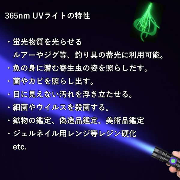 UVライト アニサキスライト 365nm 訳あり品 ブラックライト 防水IPX6 充電式 5W LED 猫の真菌発見 レジン硬化 真贋鑑定 鉱物鑑定 蓄光 C_画像7