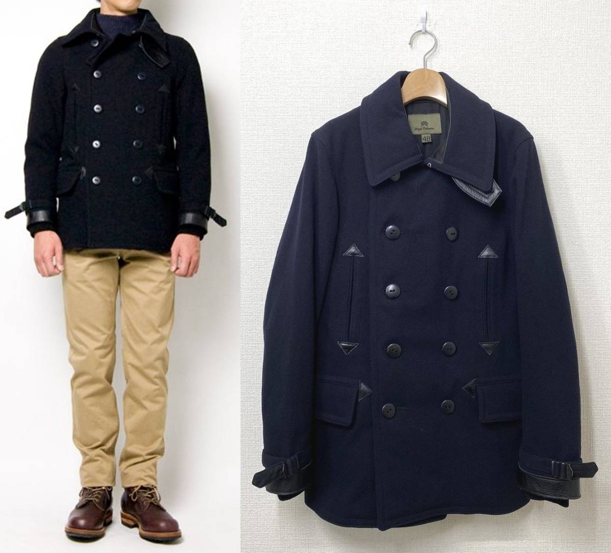 【定価8.3万円】Nigel cabourn ナイジェルケーボン MILITARY PEA COAT ミリタリー Pコート 48 ネイビー 紺 ダブル レザー ピーコート_画像1