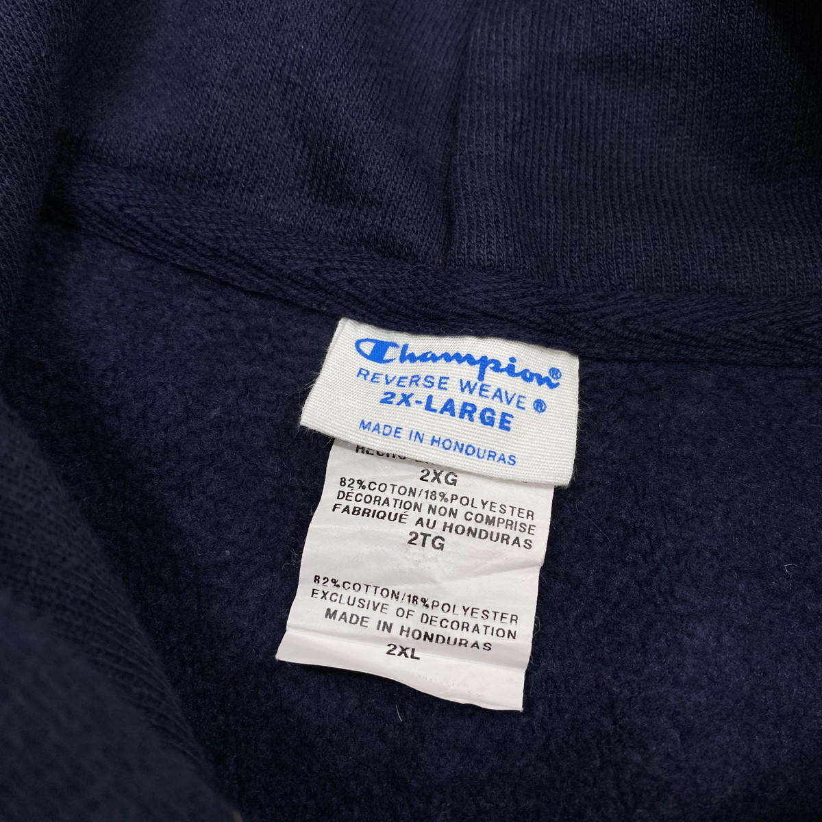 【メンズ 2XL】Champion チャンピオン リバースウィーブ スウェットパーカー ネイビー 紺 プルオーバー フード 裏起毛 青単色タグ 復刻_画像6