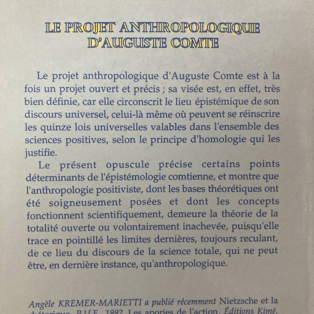 【仏語洋書】LE PROJET ANTHROPOLOGIQUE D’AUGUSTE COMTE / Angele Kremer-Marietti（著）【オーギュスト・コント】_画像2