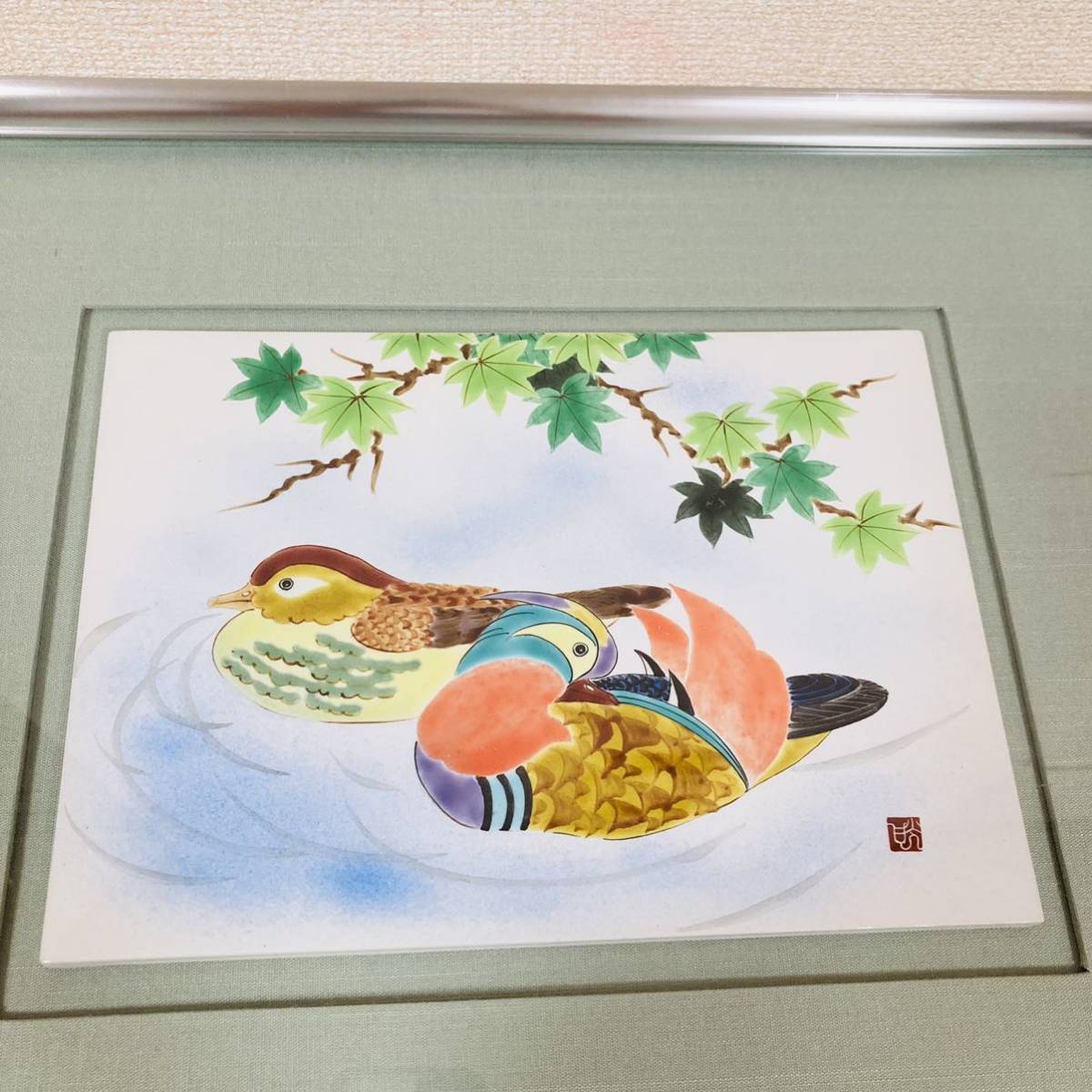 九谷焼 陶額 仲良し オシドリ日本画 (壁掛け 壁紙 絵画 アート　額縁入り 鳥　水鳥　BIRD)_画像2
