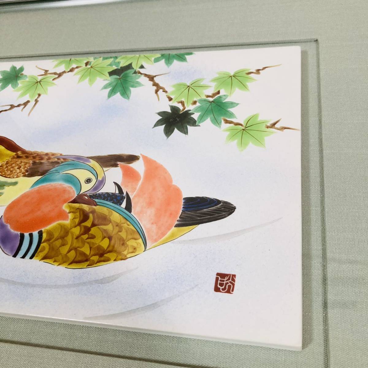 九谷焼 陶額 仲良し オシドリ日本画 (壁掛け 壁紙 絵画 アート　額縁入り 鳥　水鳥　BIRD)_画像9