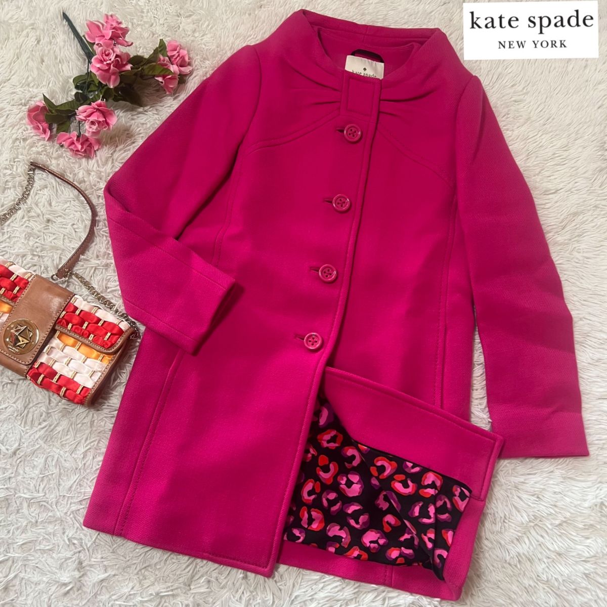 【SALE】ケイトスペード   定価7万円　ウールコート　ピンク　リボン　石原さとみさん着用　毛100% 美品　
