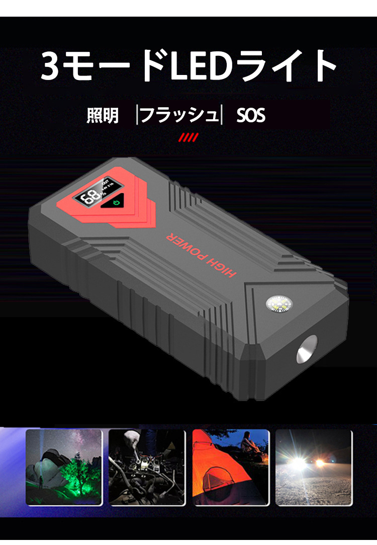 A301★【12V49800mAh】 大容量 ポータブル充電器 ジャンプスターター スマホ充電対応 非常用LEDライト付き車 バイク モバイルバッテリー_画像2