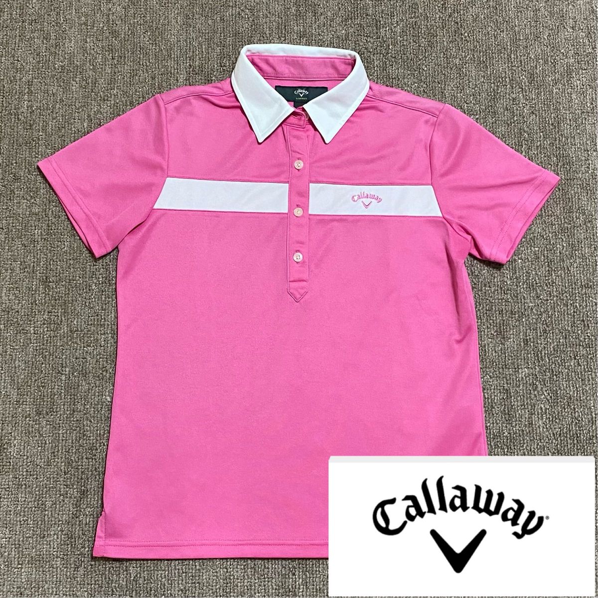 未使用　キャロウェイ　ゴルフ　レディース　ドライ生地　半袖ポロシャツ　ピンク×白　Callaway　サイズL