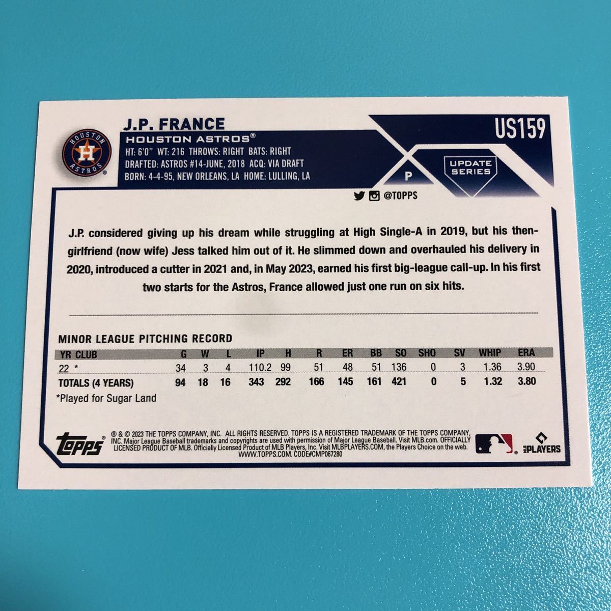 J.P. France 2023 Topps Update Series #US159 Rookie RC Astros_画像2