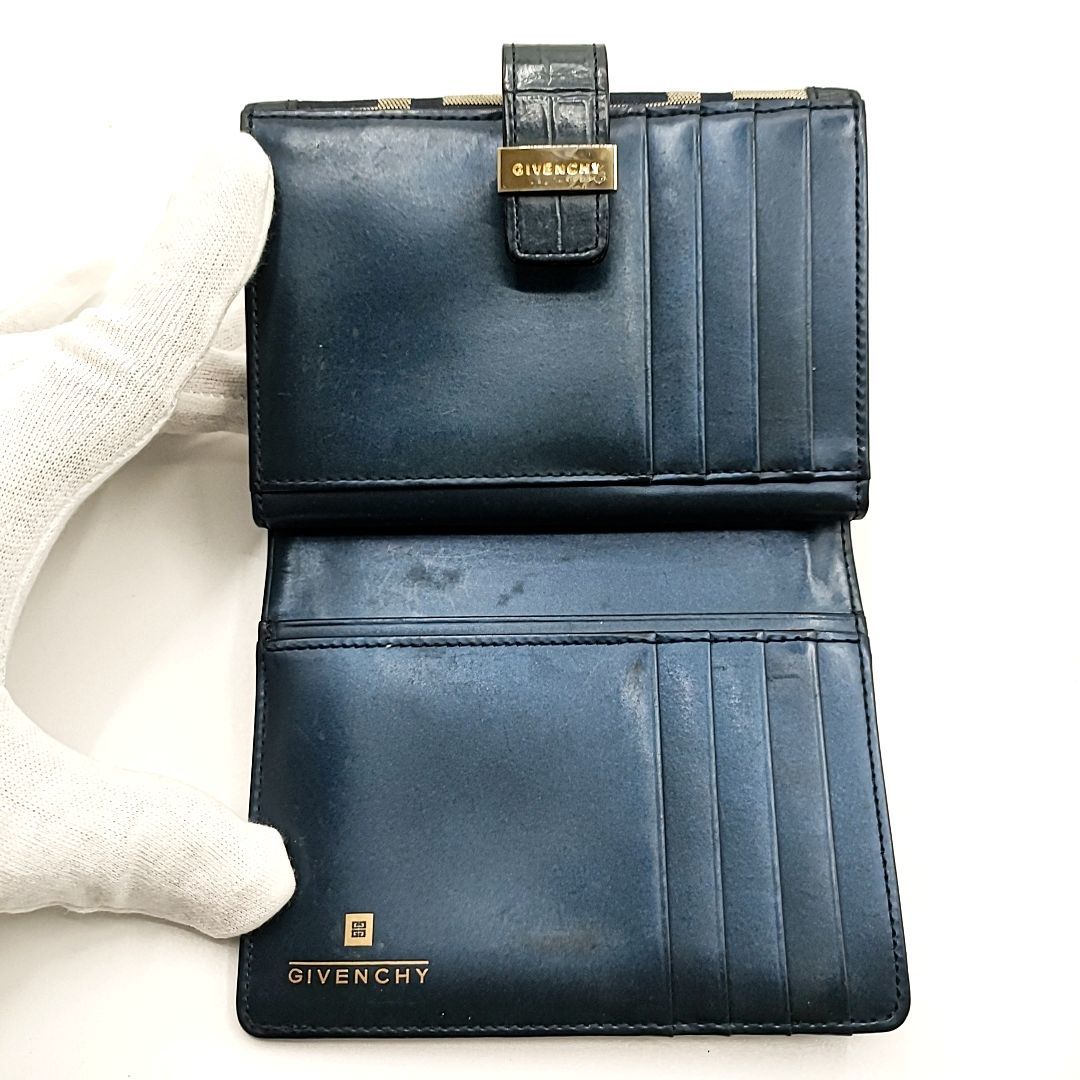 GIVENCHY ジバンシー 二つ折り 財布 Wホック ネイビー系 ゴールド金具 Gロゴ W12.5 H9.5