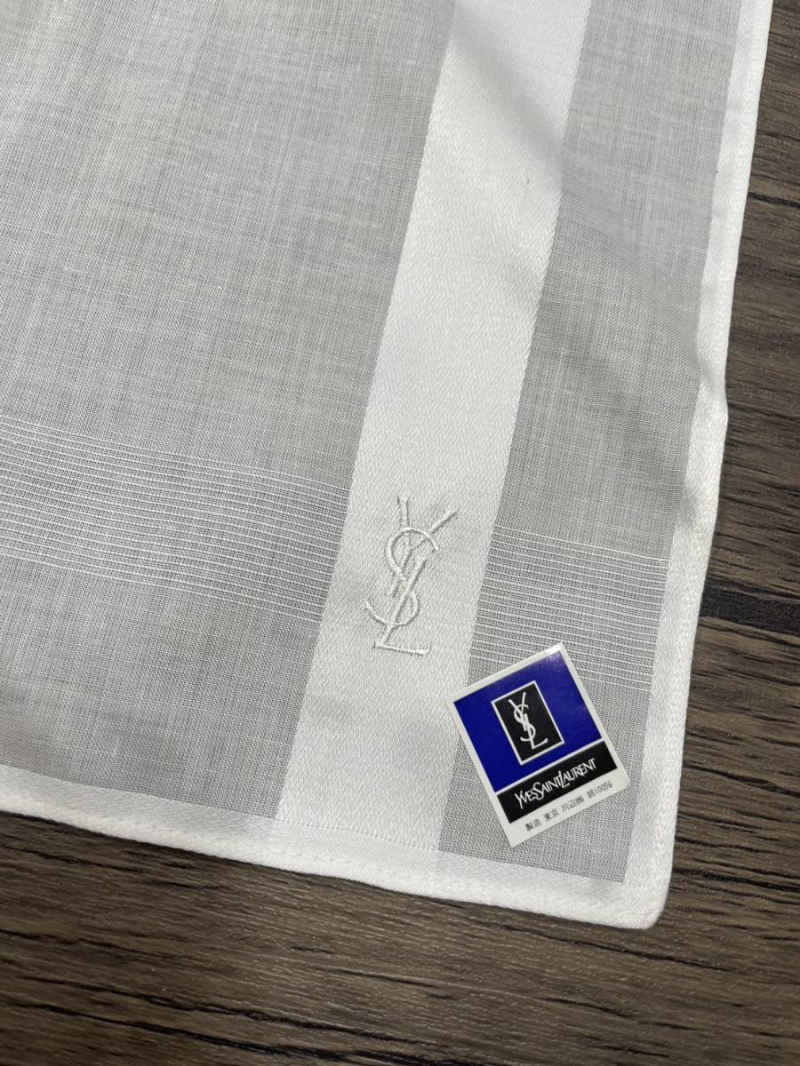 Yves Saint Laurent イヴ サンローラン ハンカチ バンダナ ロゴ刺繍 ホワイト 綿 コットン100％ W49 H49 付属品：箱_画像2