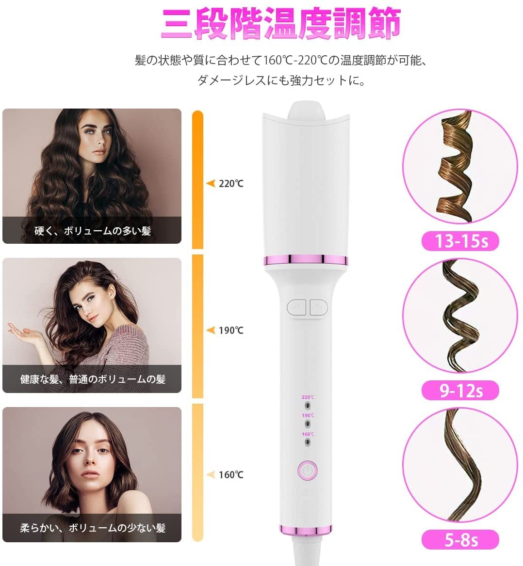 オートカールヘアアイロン 新型セラミックヘアアイロン 火傷防止 自動巻き髪 160/190/220℃ 3段階温度調節可能 内巻き外巻き 自動OFF_画像5