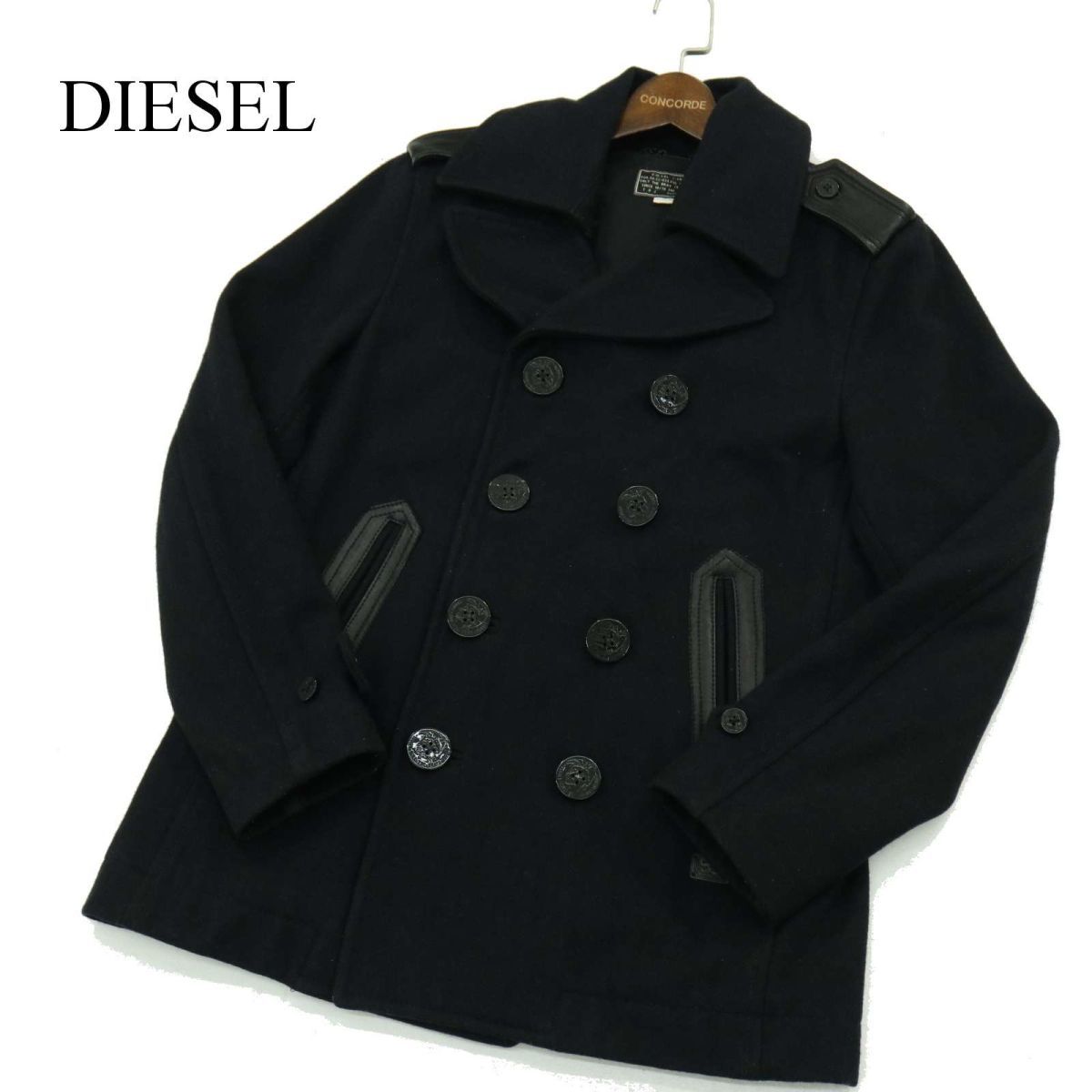 DIESEL ディーゼル 秋冬 羊革 リアル ラム レザー切替★ メルトン ウール マリン Pコート Sz.M　メンズ ネイビー　A3T12587_A#N_画像1