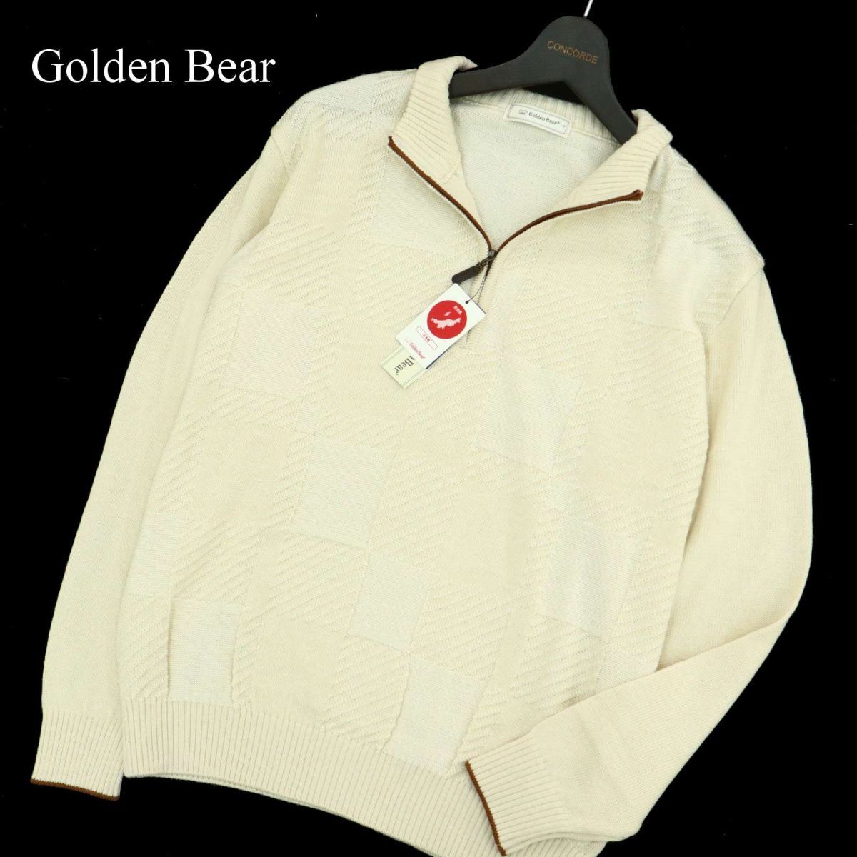 【新品 未使用】 Golden Bear ゴールデンベア 秋冬 チェック柄 ウール混 ハーフジップ ニット セーター Sz.M　メンズ 日本製　A3T12937_B#K_画像1