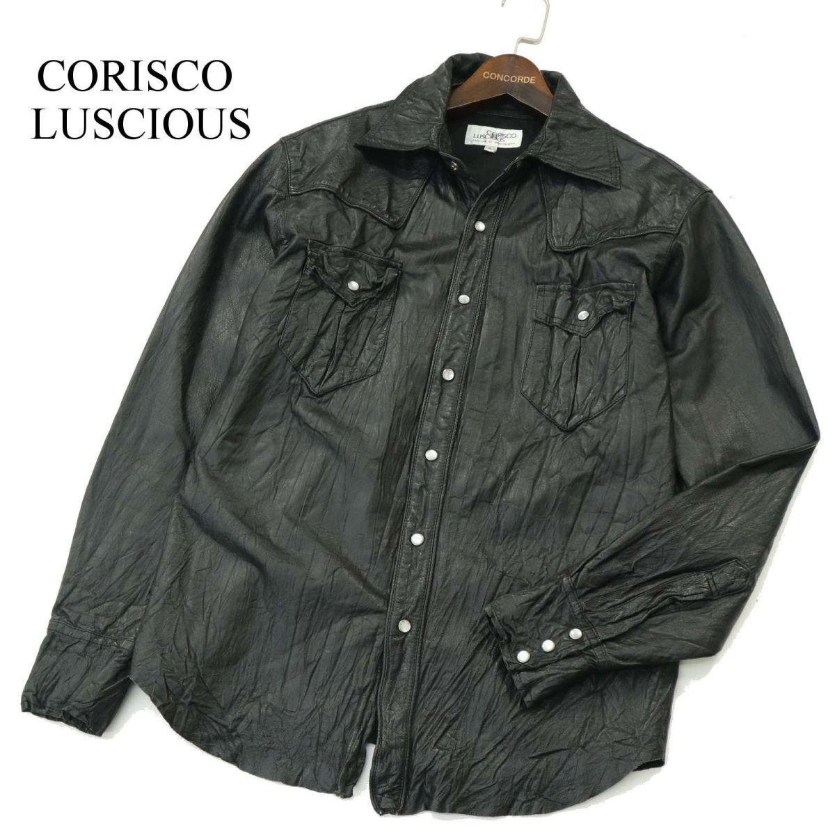 CORISCO LUSCIOUS コリスコ ルシオス 秋冬 本革 リアル レザー★ シワ加工 長袖 ウエスタン シャツ Sz.L　メンズ 黒　A3T12992_B#B_画像1