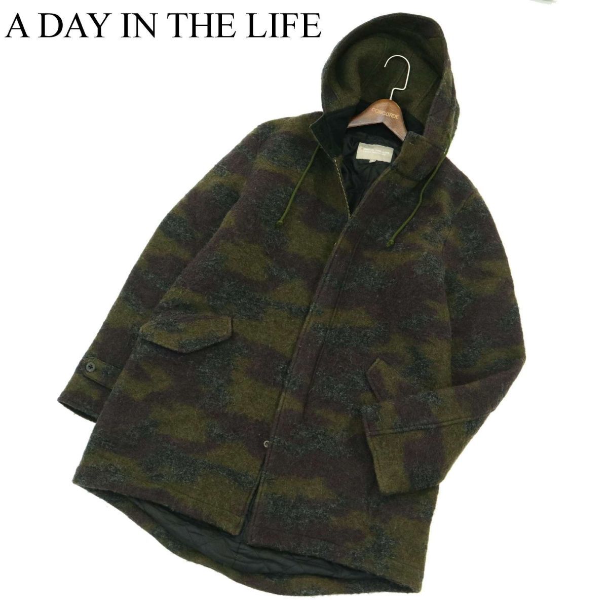 A DAY IN THE LIFE ユナイテッドアローズ 秋冬 ウール★ カモフラ 迷彩 総柄 フーディー 中綿 モッズ コート Sz.L　メンズ　A3T13012_B#N_画像1