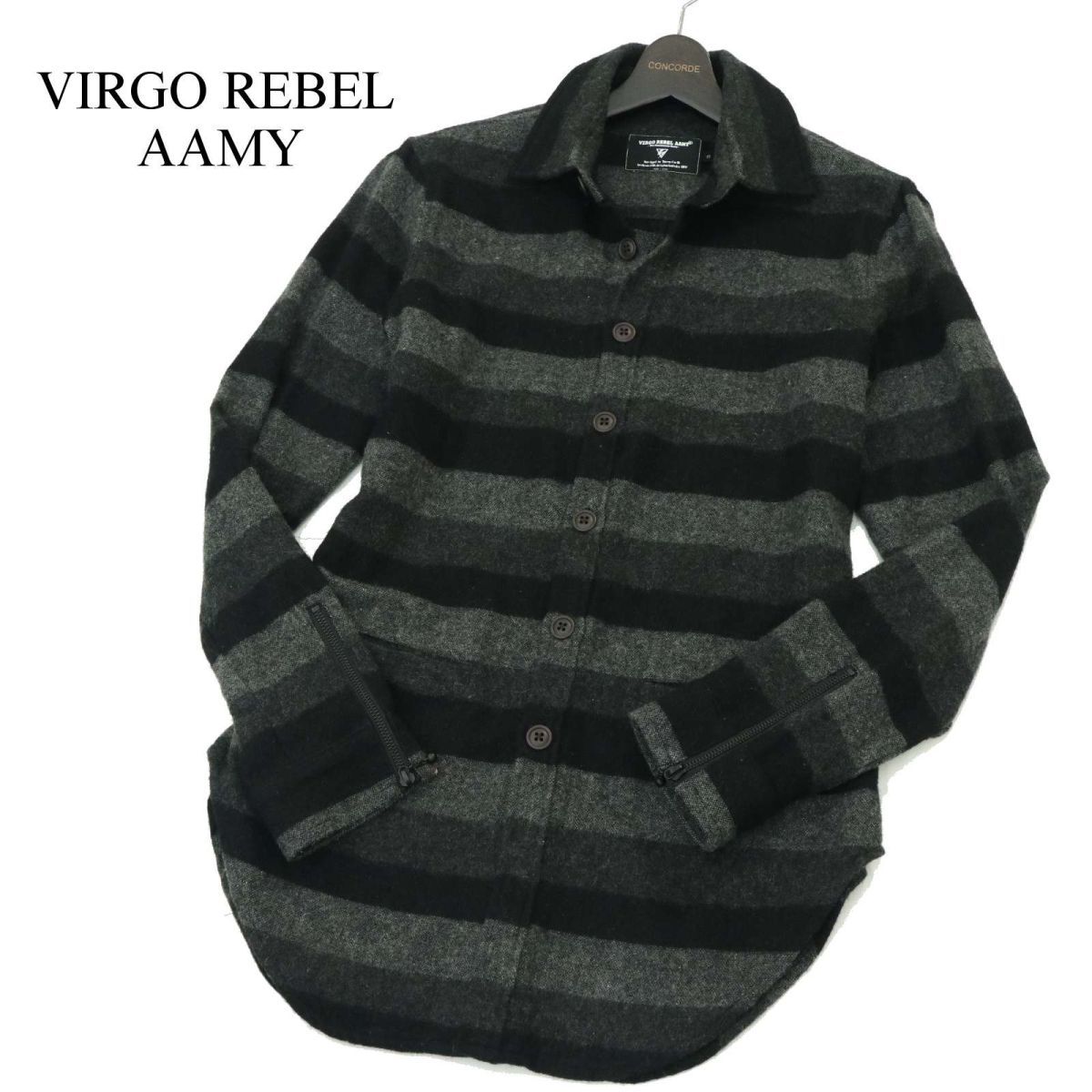 美品★ VIRGO REBEL AAMY ヴァルゴ 秋冬 ウール ツイード切替★ 長袖 ボーダー シャツ Sz.3　メンズ 日本製　A3T13223_B#N_画像1