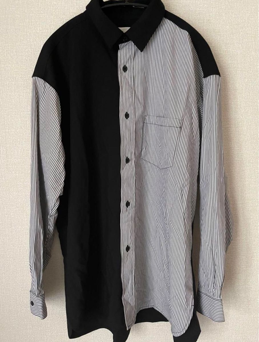 ストライプブロックドシャツ　切り替え　韓国　古着　オーバーサイズ　ビッグシルエット 長袖シャツ